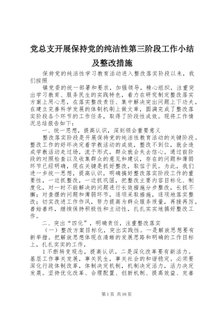 党总支开展保持党的纯洁性第三阶段工作小结及整改措施
