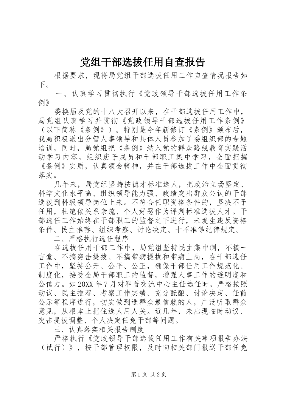 党组干部选拔任用自查报告_第1页