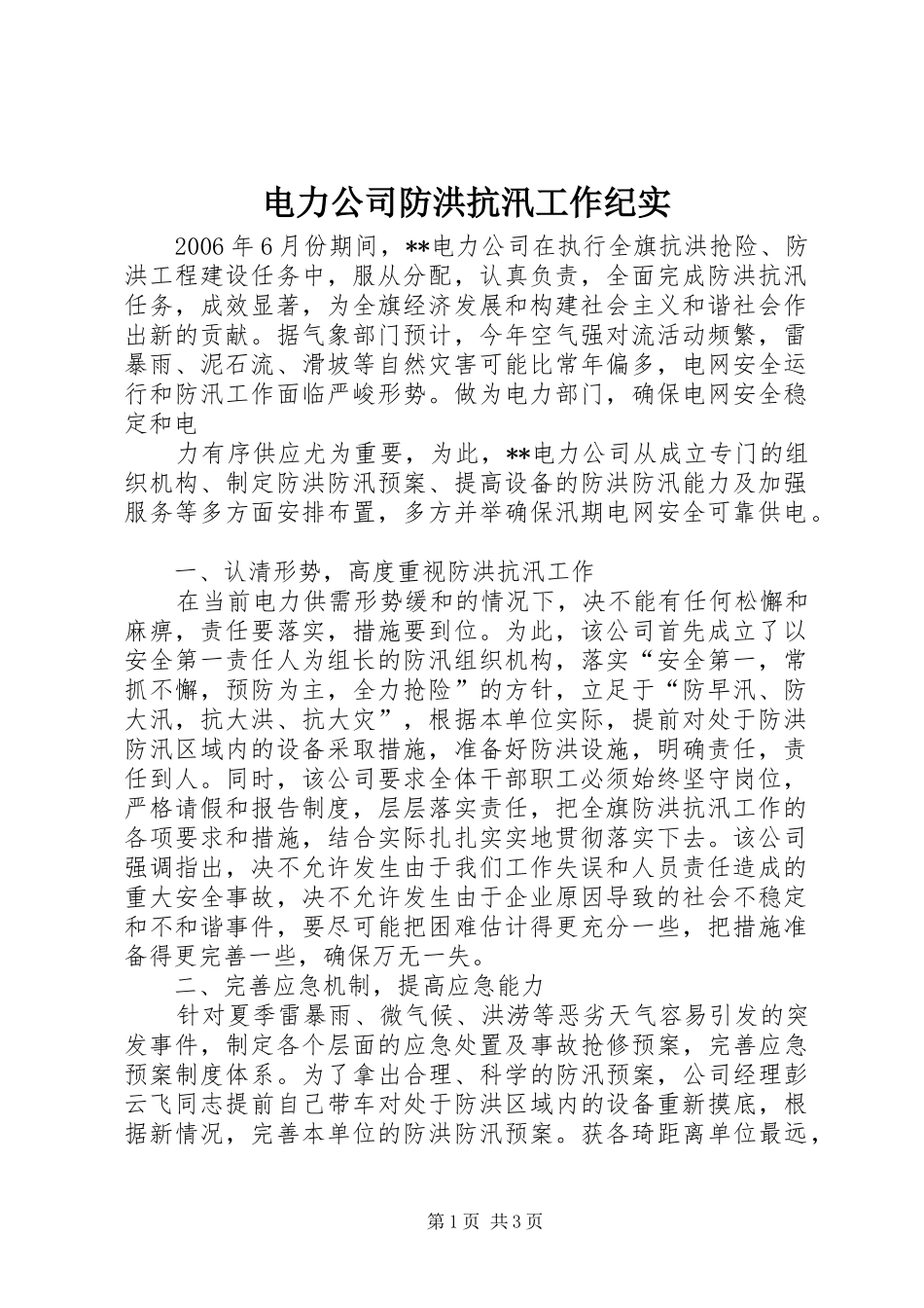 电力公司防洪抗汛工作纪实_第1页