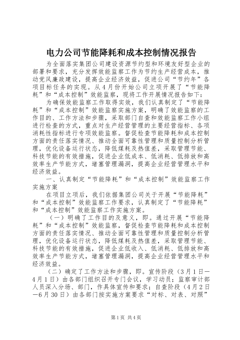 电力公司节能降耗和成本控制情况报告_第1页