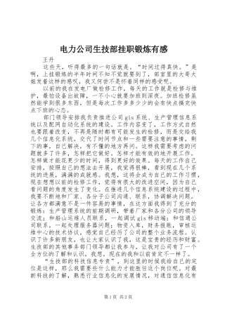 电力公司生技部挂职锻炼有感