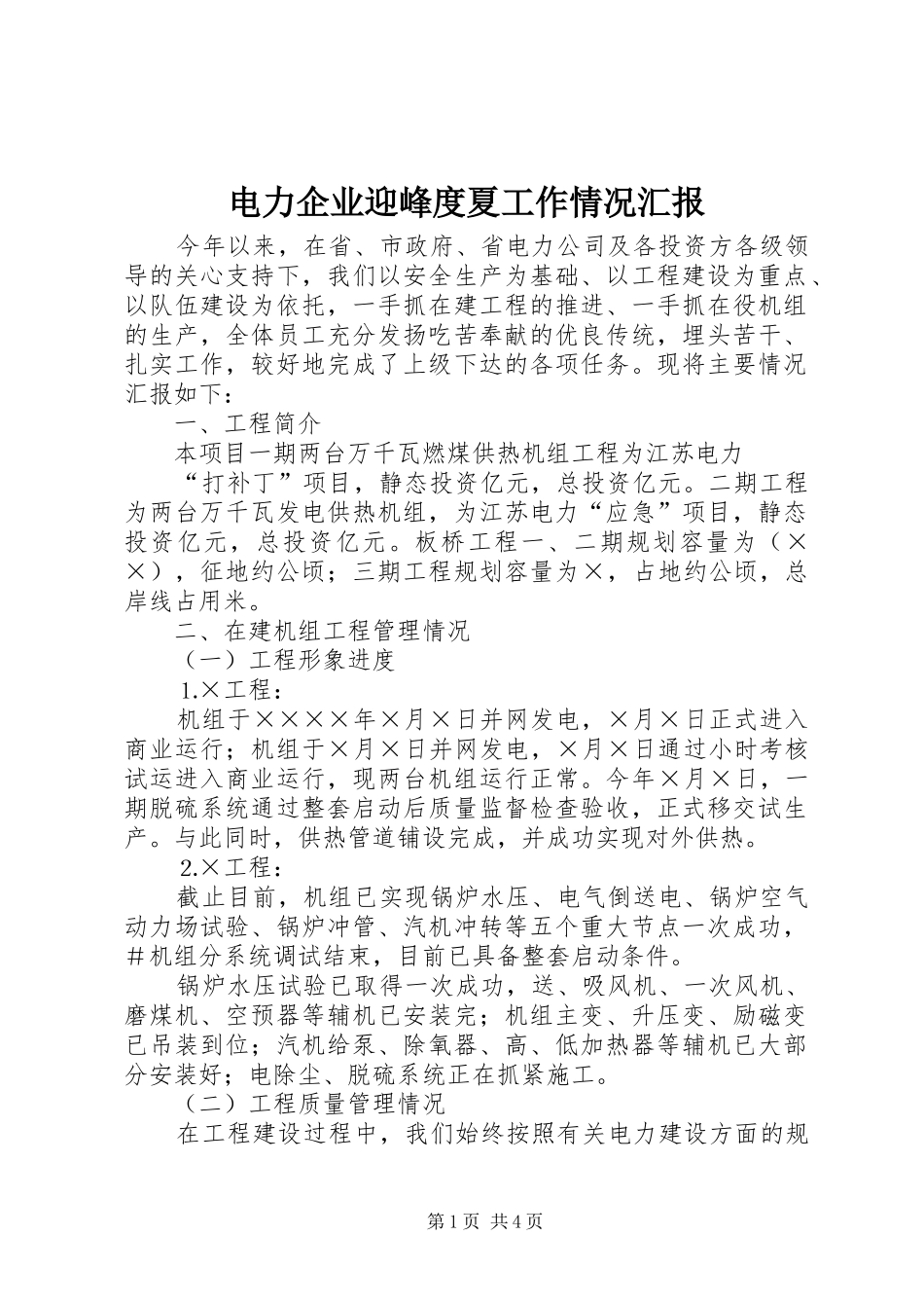 电力企业迎峰度夏工作情况汇报_第1页