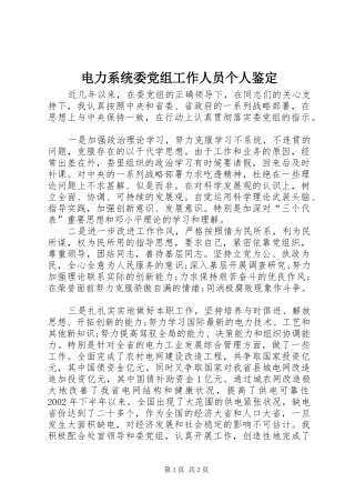 电力系统委党组工作人员个人鉴定