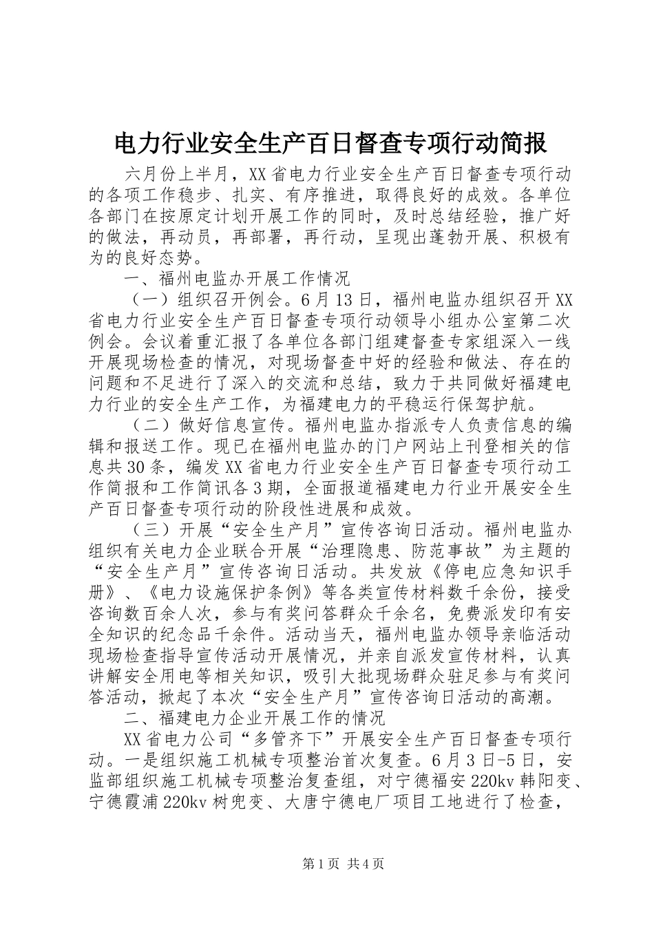 电力行业安全生产百日督查专项行动简报_第1页