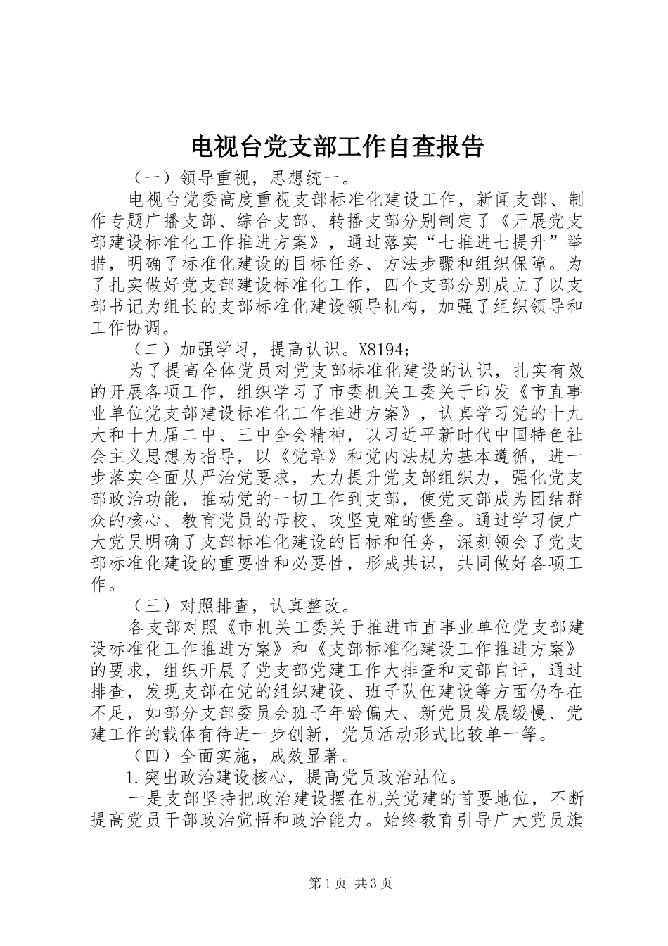 电视台党支部工作自查报告_第1页