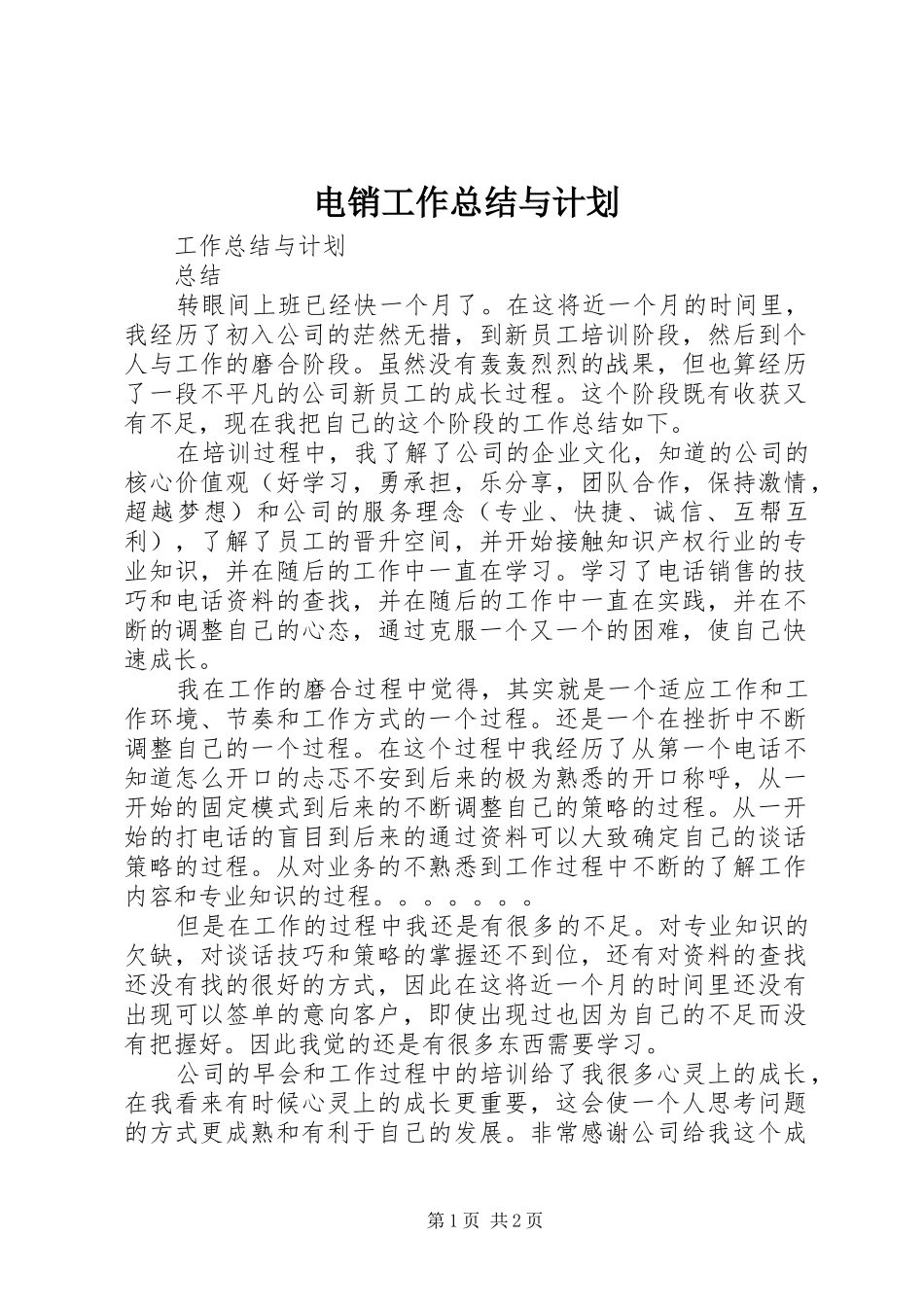 电销工作总结与计划_第1页