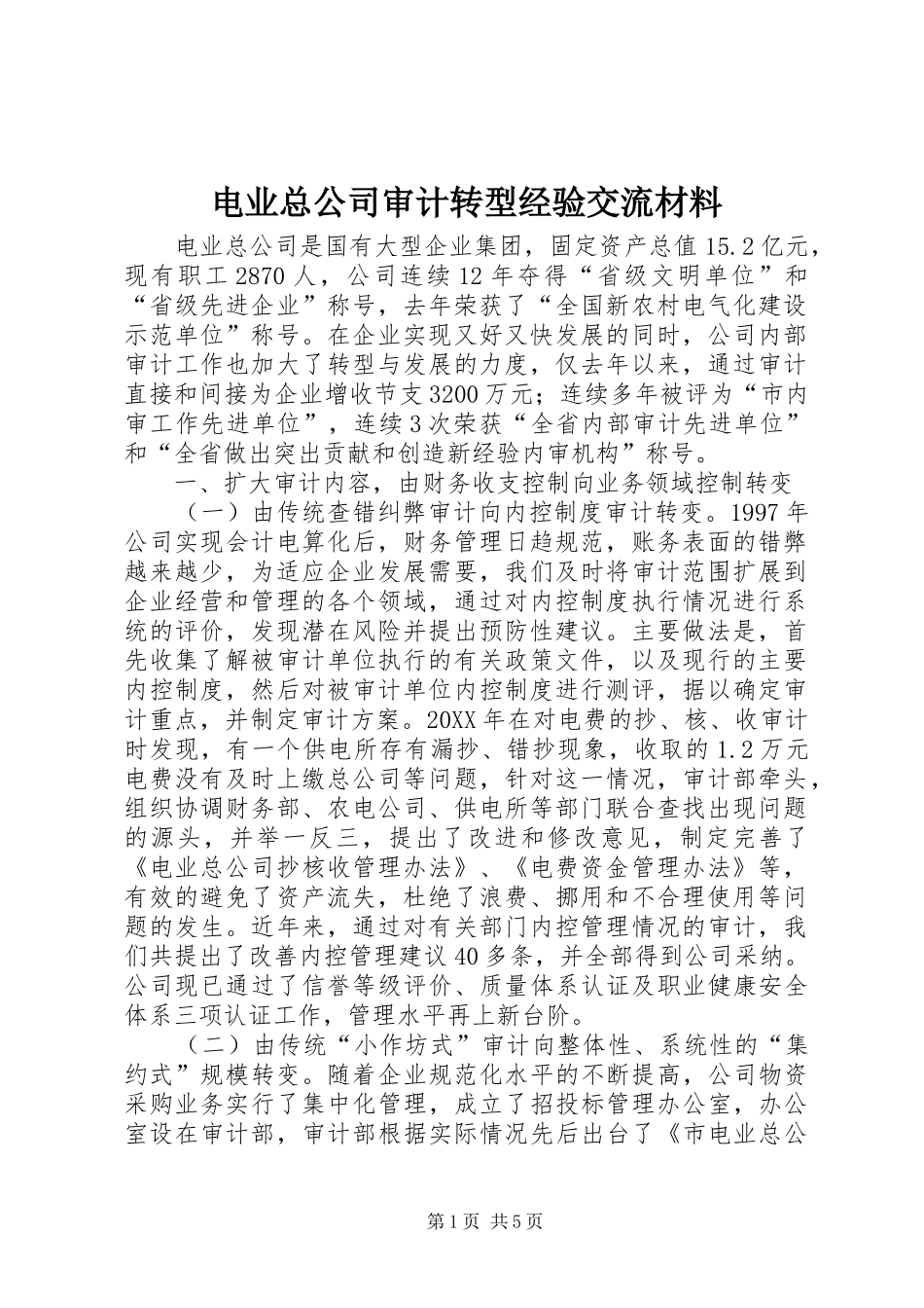 电业总公司审计转型经验交流材料_第1页