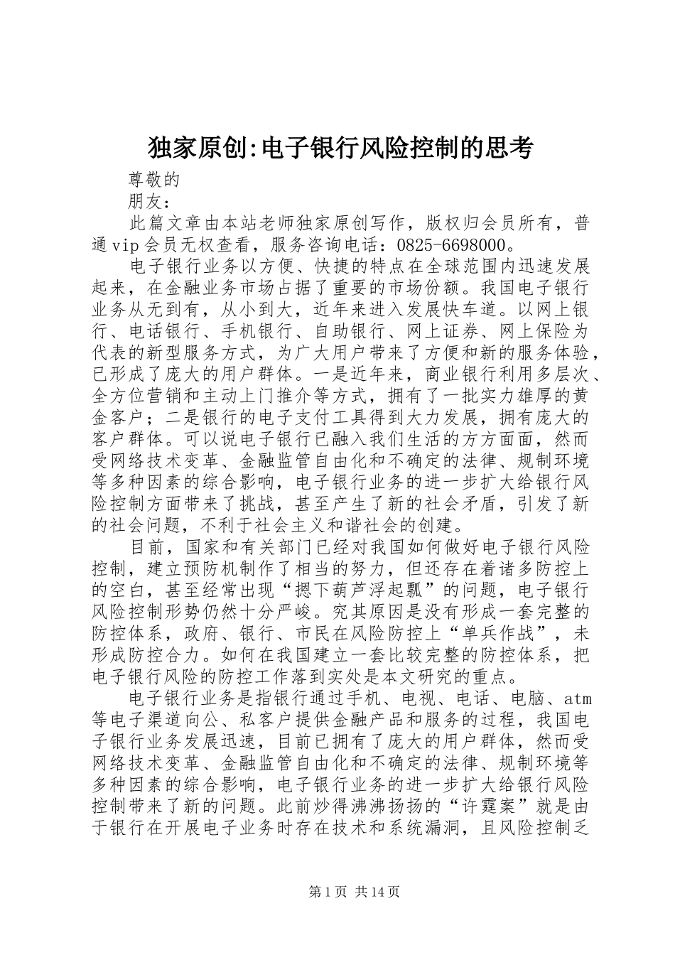独家原创电子银行风险控制的思考_第1页