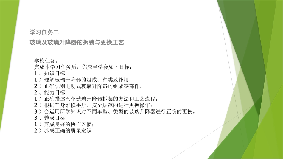 学习任务二汽车车窗玻璃及玻璃升降器拆装与更换工艺_第1页