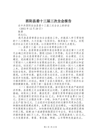 酉阳县委十三届三次全会报告