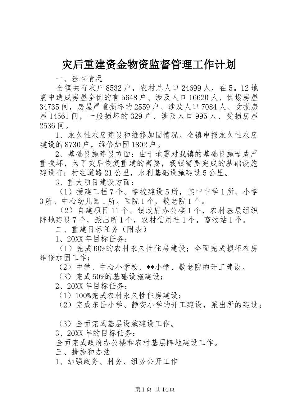 灾后重建资金物资监督管理工作计划_第1页