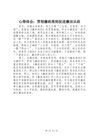 心得体会贯彻廉政准则促进廉洁从政