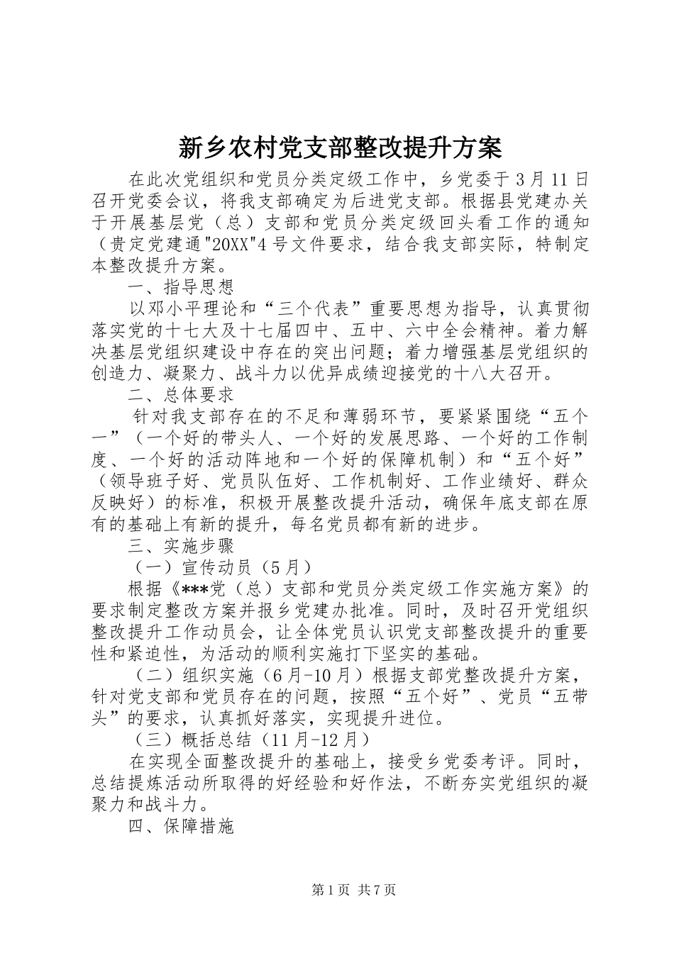 新乡农村党支部整改提升方案_第1页