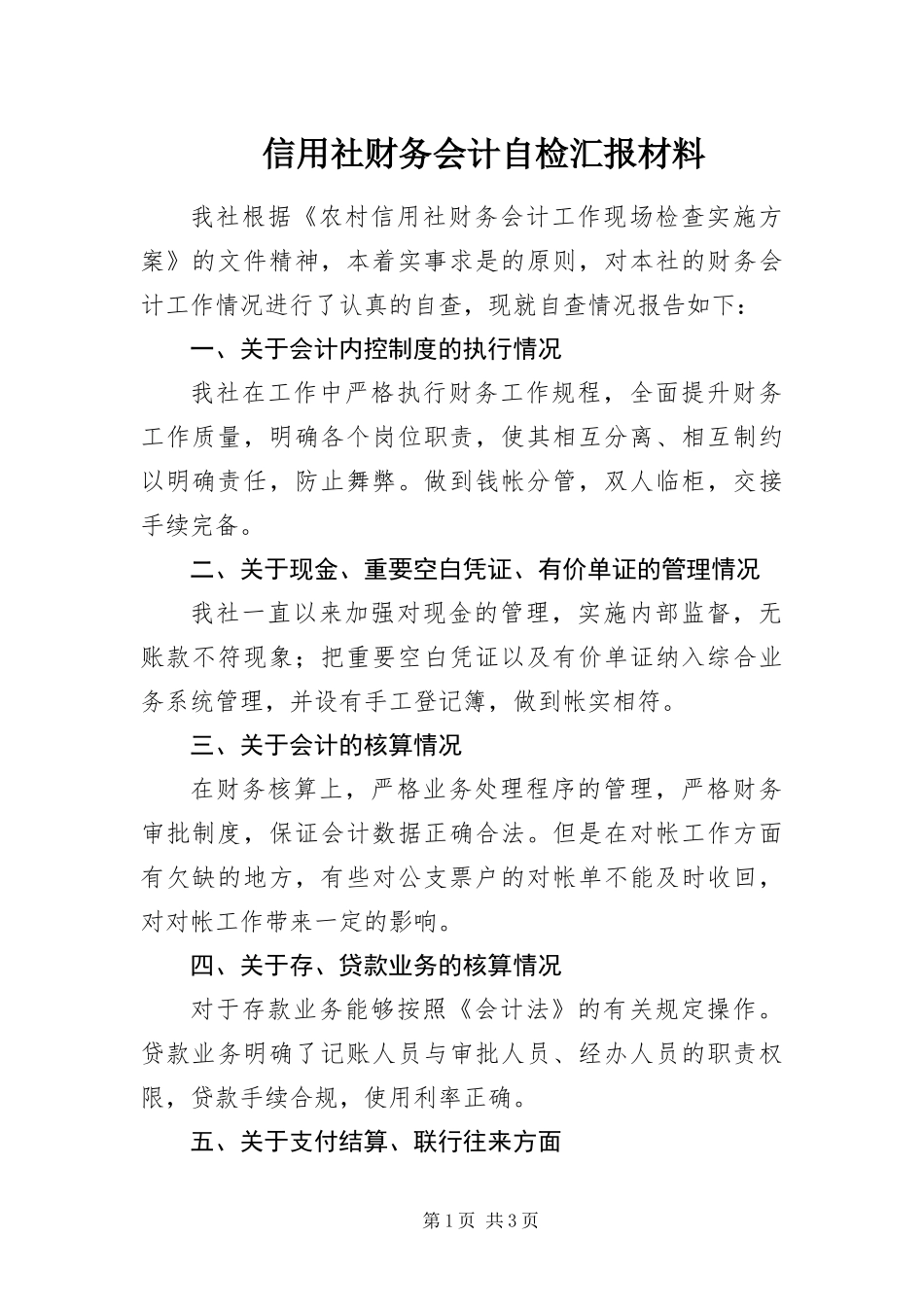 信用社财务会计自检汇报材料_第1页