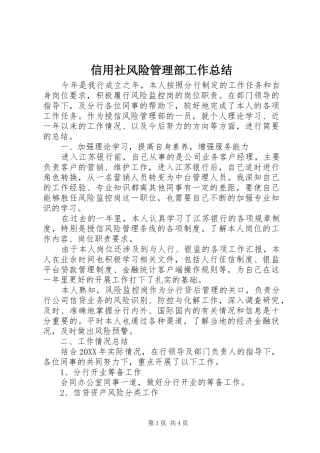 信用社风险管理部工作总结