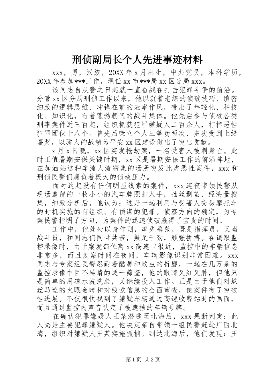 刑侦副局长个人先进事迹材料_第1页