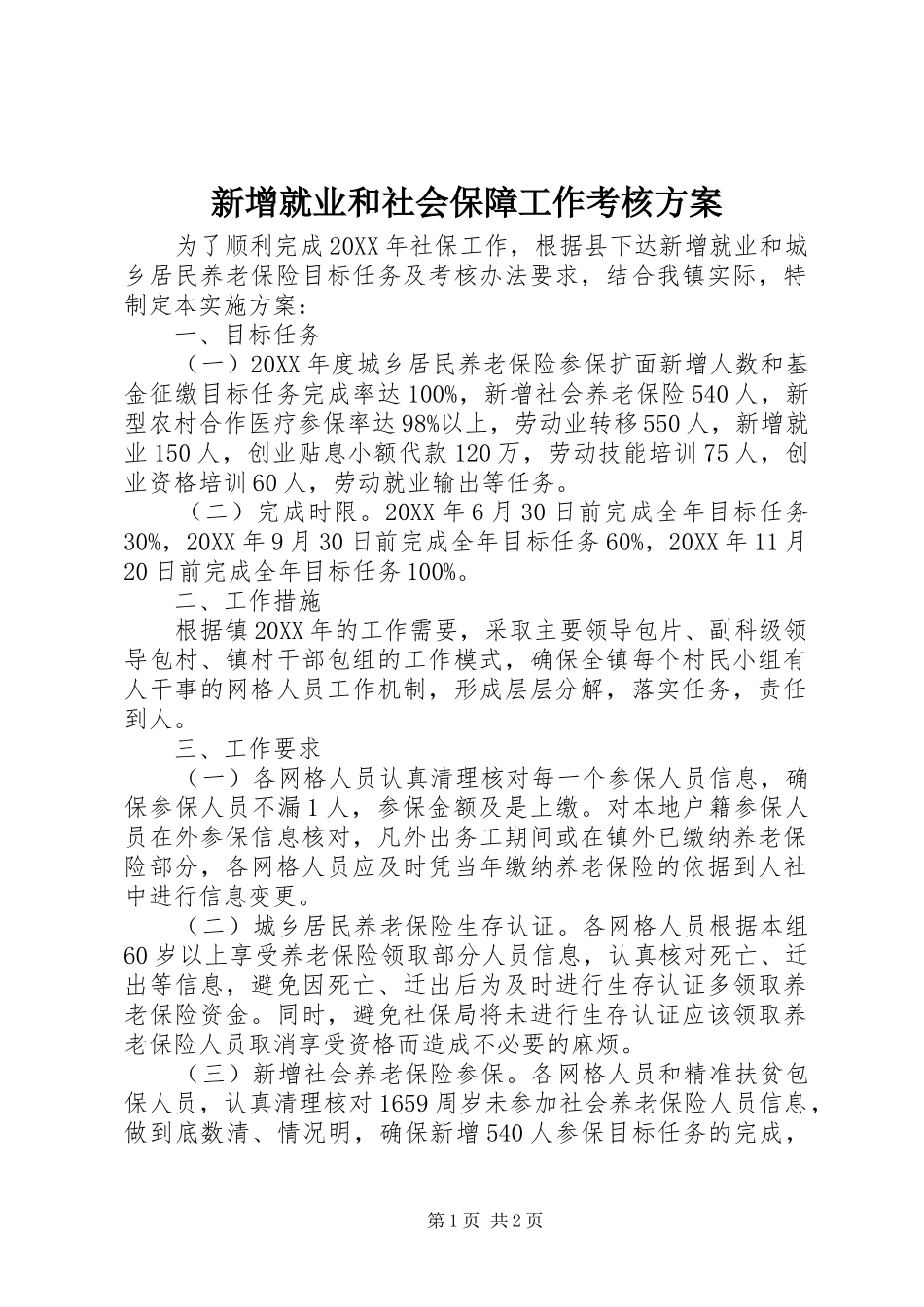 新增就业和社会保障工作考核方案_第1页