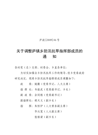 关于调整庐镇乡防汛抗旱指挥部成员的通知