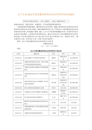 关于公布2012年度安徽省体育社会科学研究项目的通知