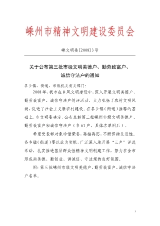 关于公布第三批市级文明美德户-勤劳致富户-诚信守法户的通知