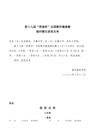 关于公布第十六届“希望杯”全国数学邀请赛高中福州赛区(初一年)获奖