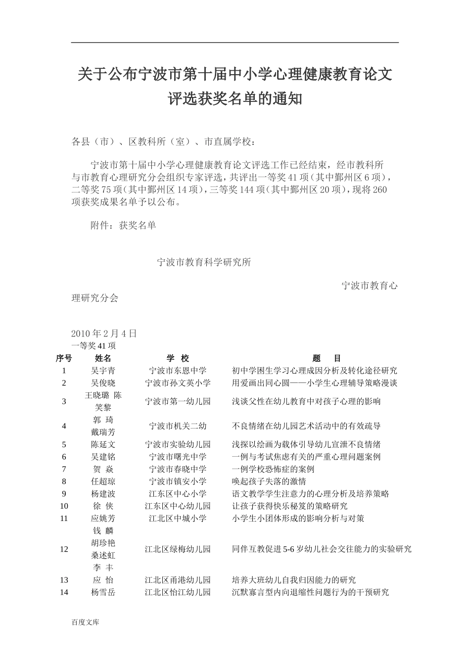 关于公布宁波市第十届中小学心理健康教育论文评选获奖名单的通知_第1页