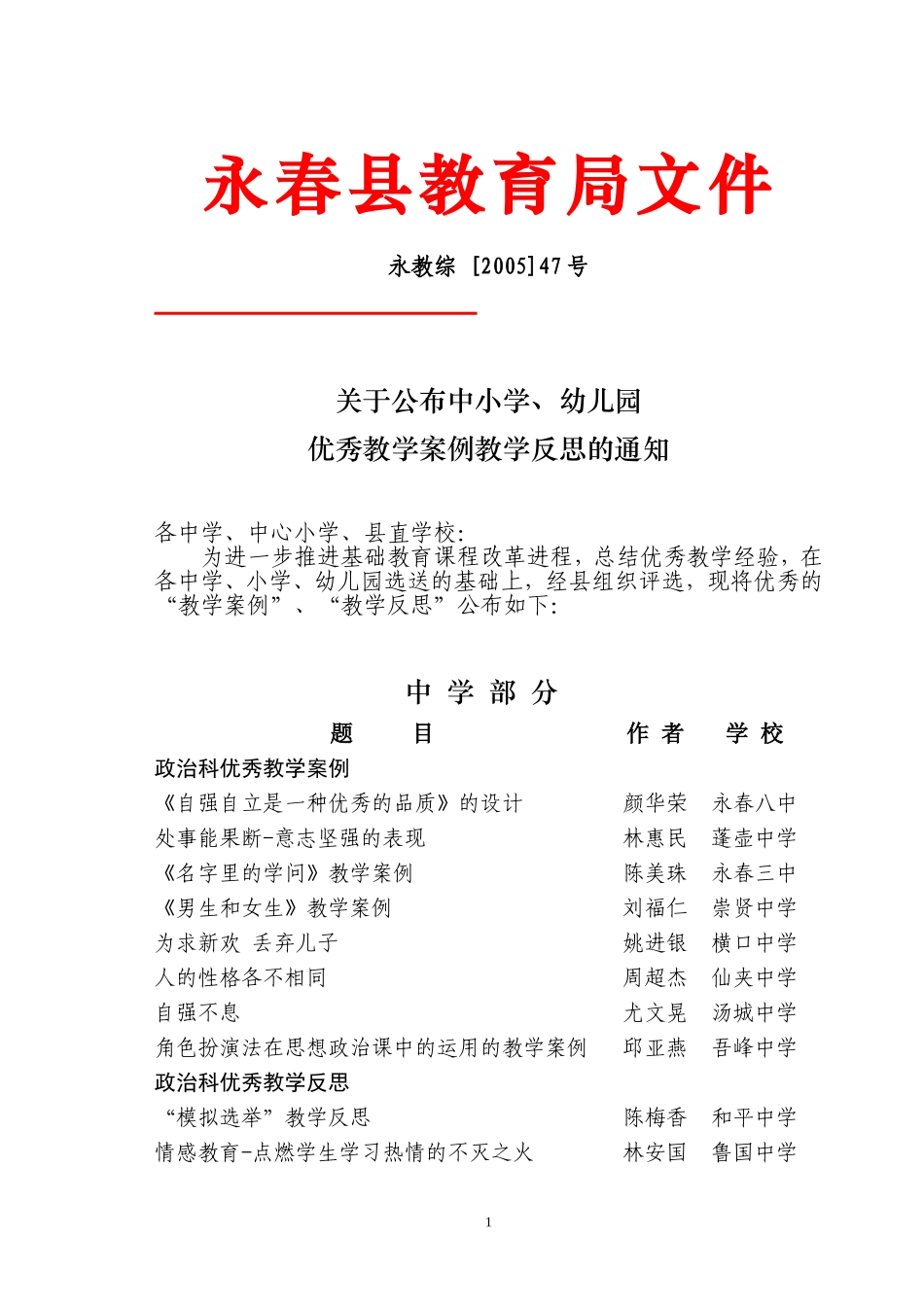关于公布中小学-幼儿园优秀教学案例教学反思的通知_第1页