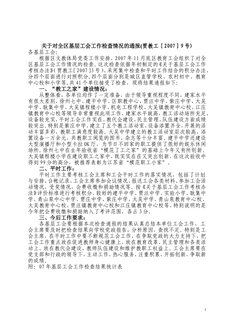关于对全区基层工会工作检查情况的通报(贾教工[2007]9..._第1页