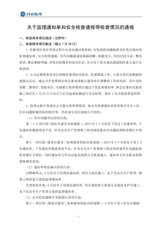 关于监理通知单和安全检查通报等检查情况的通报