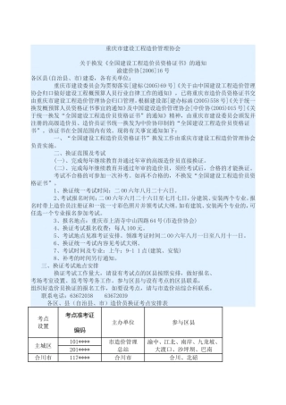关于换发《全国建设工程造价员资格证书》的通知渝建价协[2006]16号