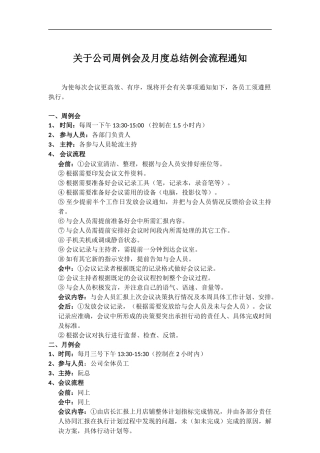 关于公司周例会、月度总结例会流程通知