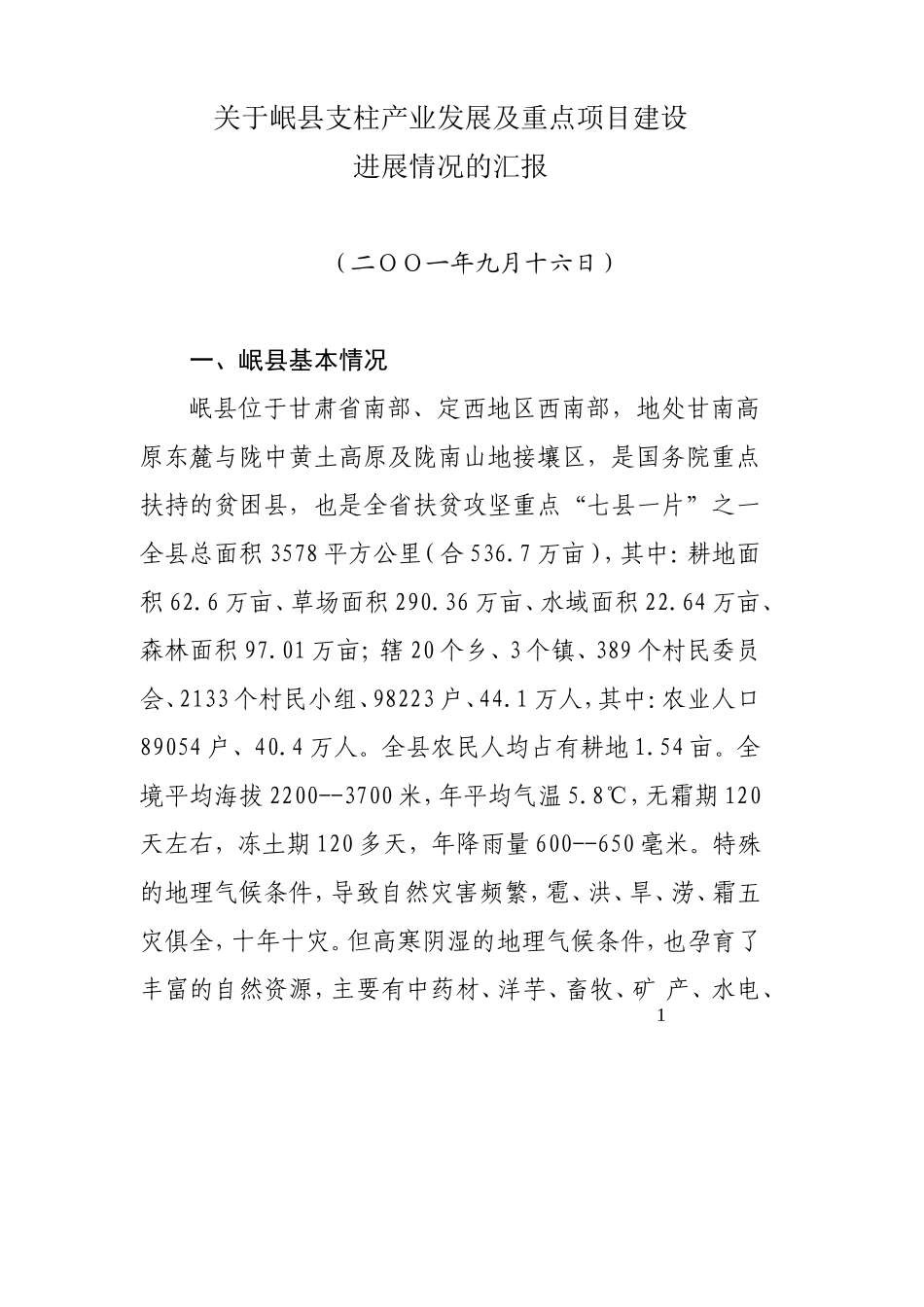 关于岷县支柱产业及重点项目建设进展情况的汇报_第1页