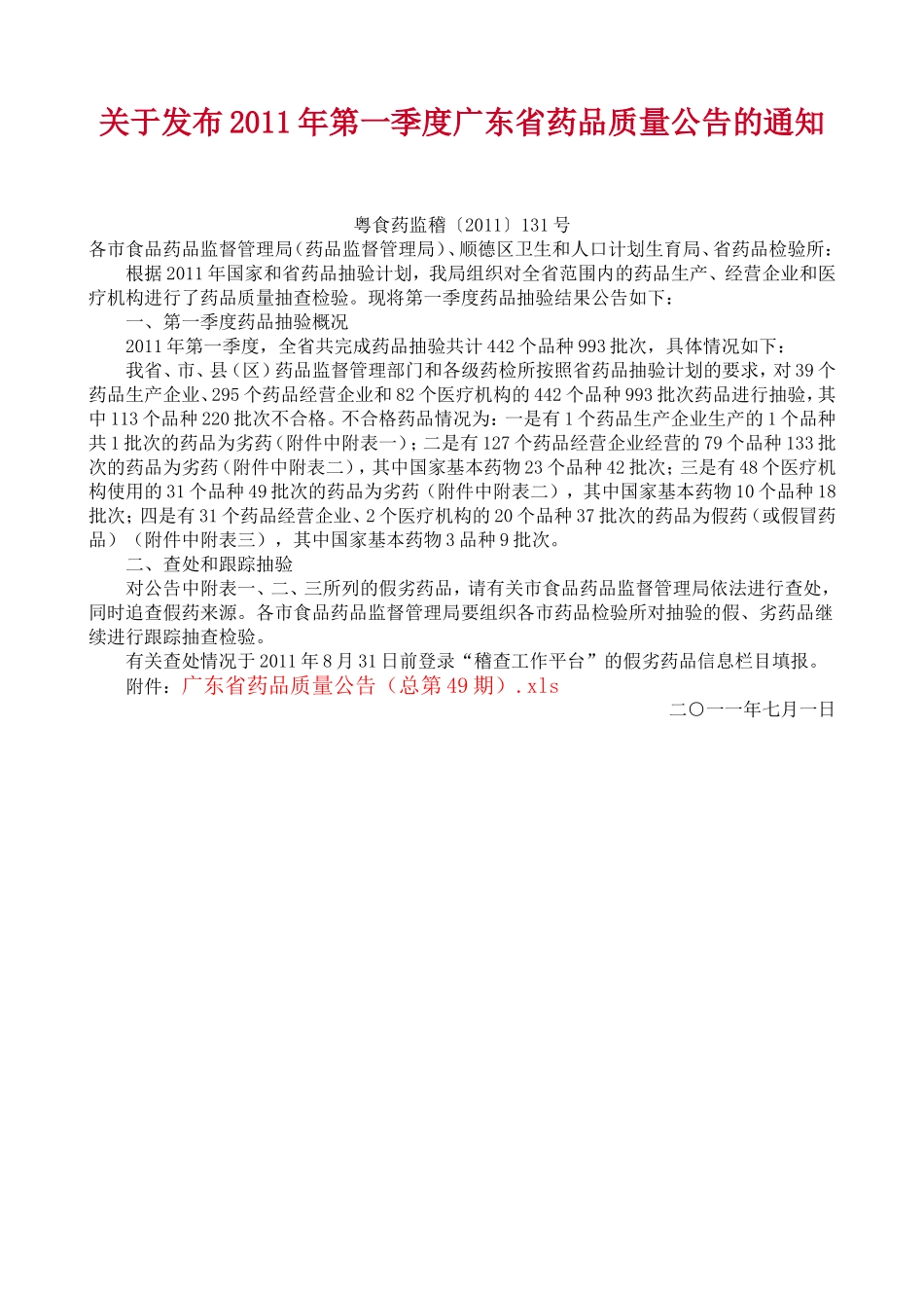 关于发布2011年第一季度广东省药品质量公告的通知_第1页