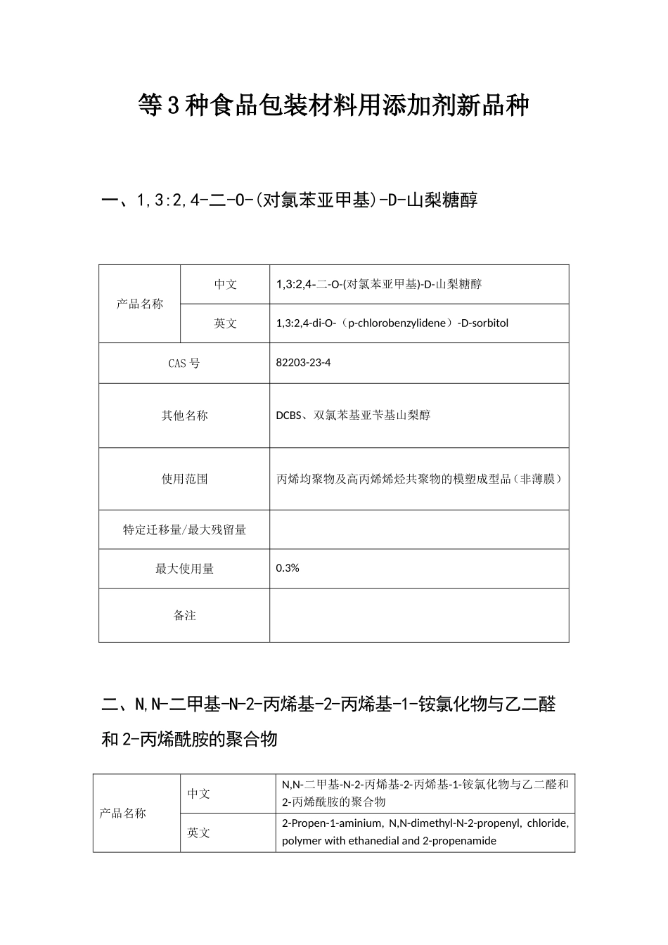 关于批准1-3：2-4-二-O-(对氯苯亚甲基)-D-山梨糖醇等3种食品包装材料用添加剂新品种的公告_第2页