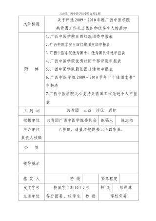 关于评选2009-2010年度广西中医学院-------共青团工作先进集体和优秀个人的通知