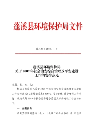 关于2009年社会治安综合治理及平安建设工作的安排意见