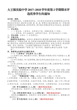 关于2017-2018学年度第2学期期末表彰优秀学生的通知
