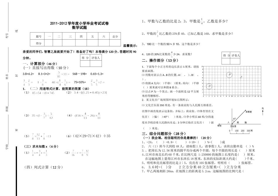 关于2017年六年级数学学科毕业考试模拟考劵_第1页