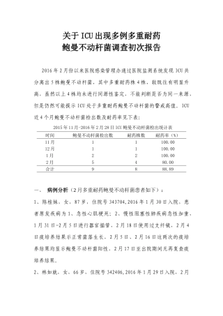 关于ICU出现多例多重耐药鲍曼不动杆菌调查初次报告