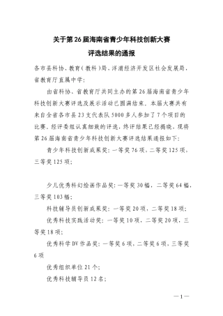 关于第26届海南省青少年科技创新大赛