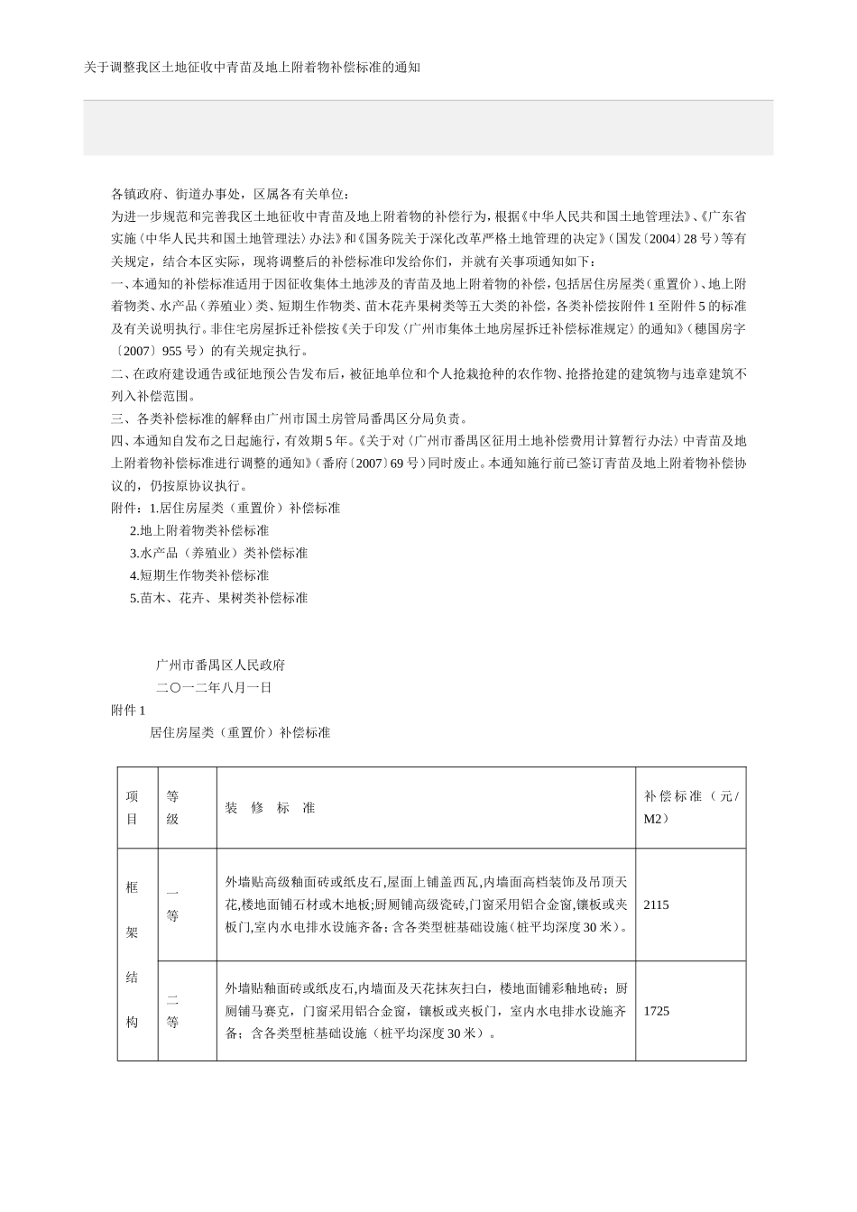 关于调整番禺区土地征收中青苗及地上附着物补偿标准的通知_第1页