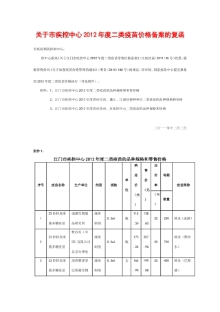 关于市疾控中心2012年度二类疫苗价格备案的复函