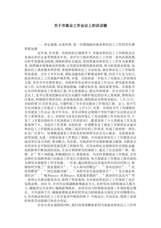 关于市就业工作会议上的讲话稿-领导讲话模板