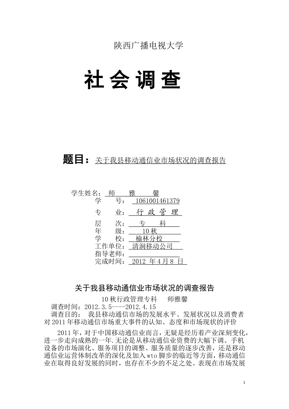 关于我县移动通信业市场状况的调查报告---师雅馨_第1页