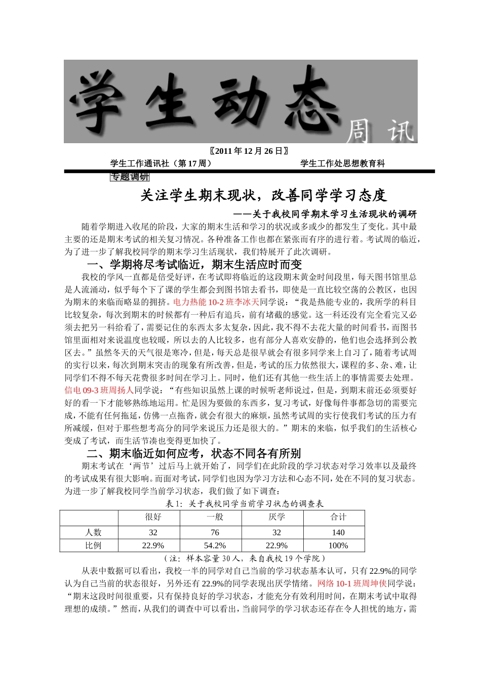 关于我校同学期末学习生活现状的调研_第1页