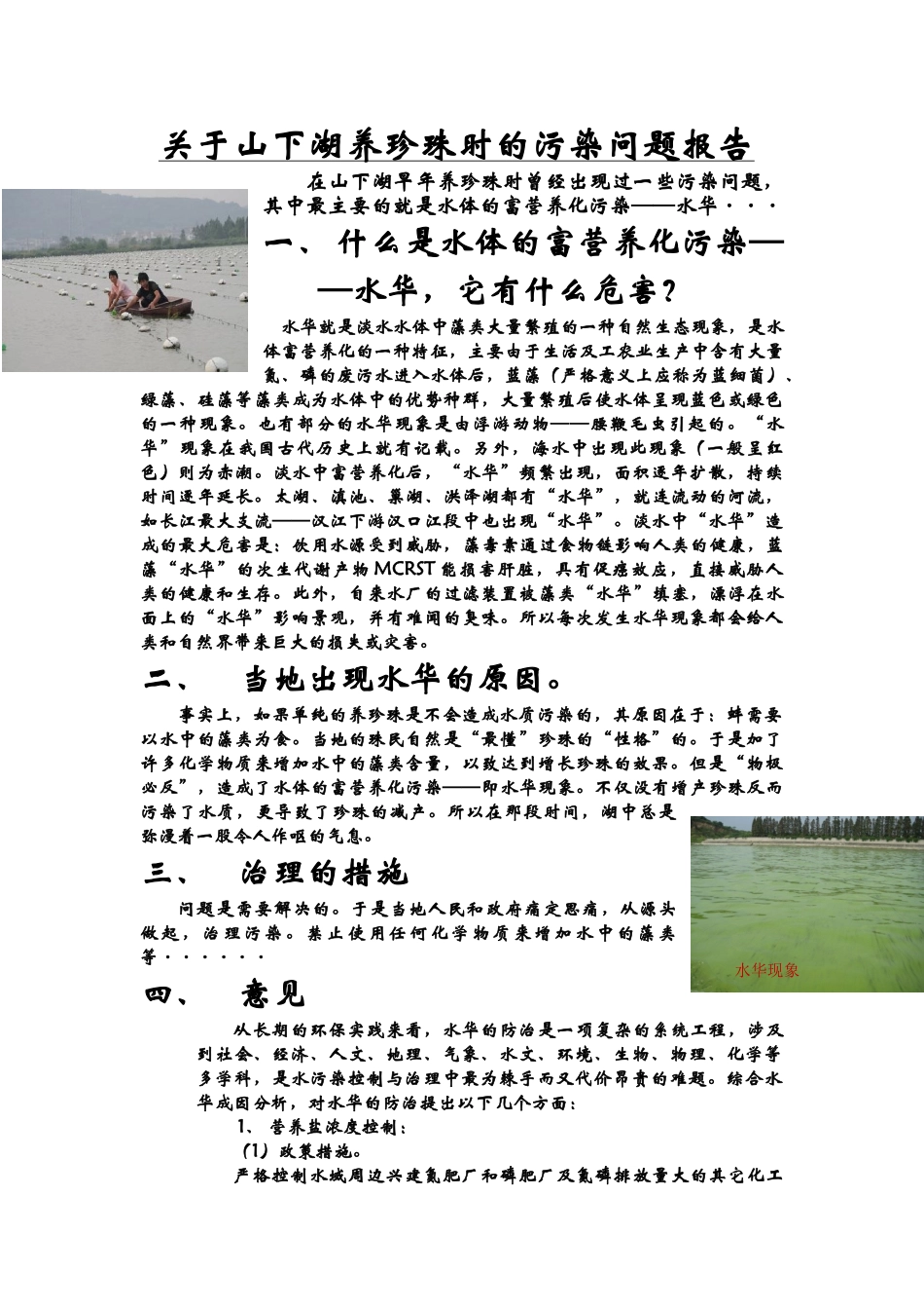 关于山下湖养珍珠时的污染问题报告_第1页
