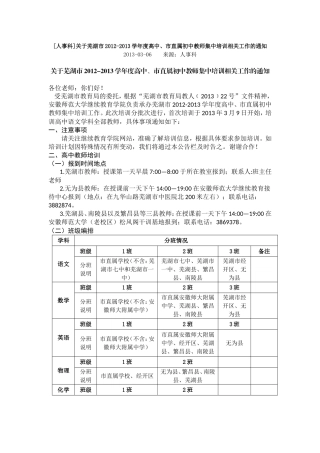 关于芜湖市2012-2013学年度高中、市直属初中教师集中培训相关工作的通知