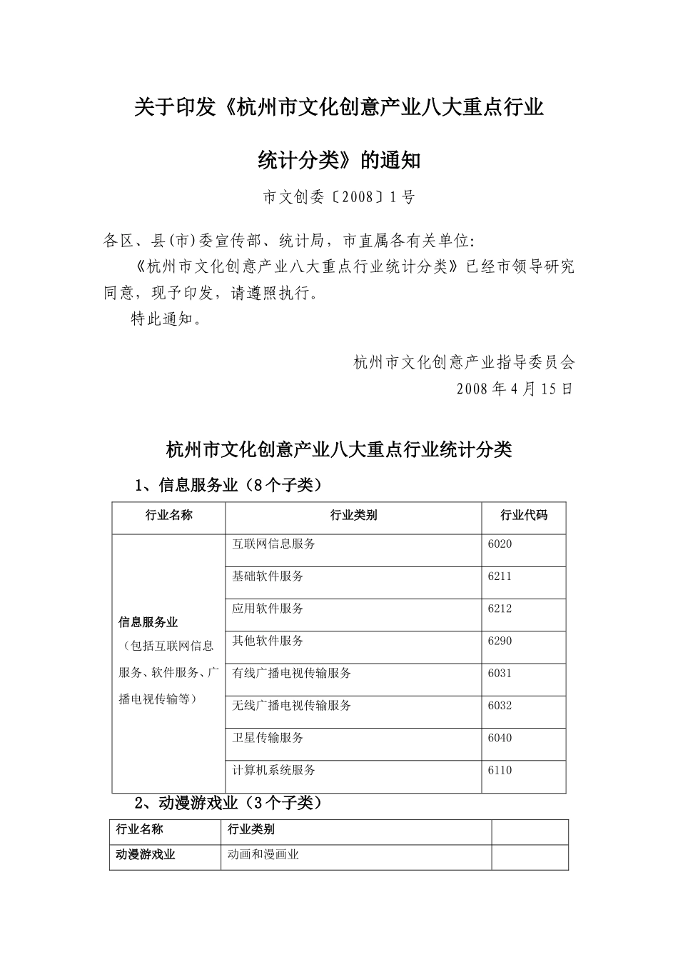 《杭州市文化创意产业八大重点行业统计分类》的通知_第1页