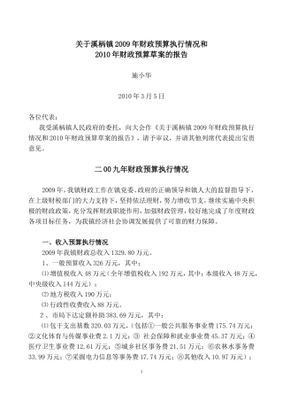 关于溪柄镇2009年财政预算执行情况和2010年财政预算草案的报告