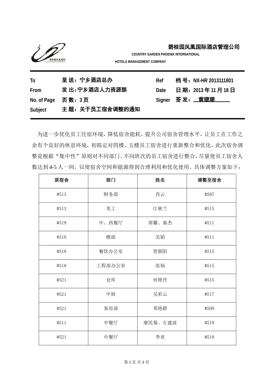 员工宿舍调整的通知_第1页